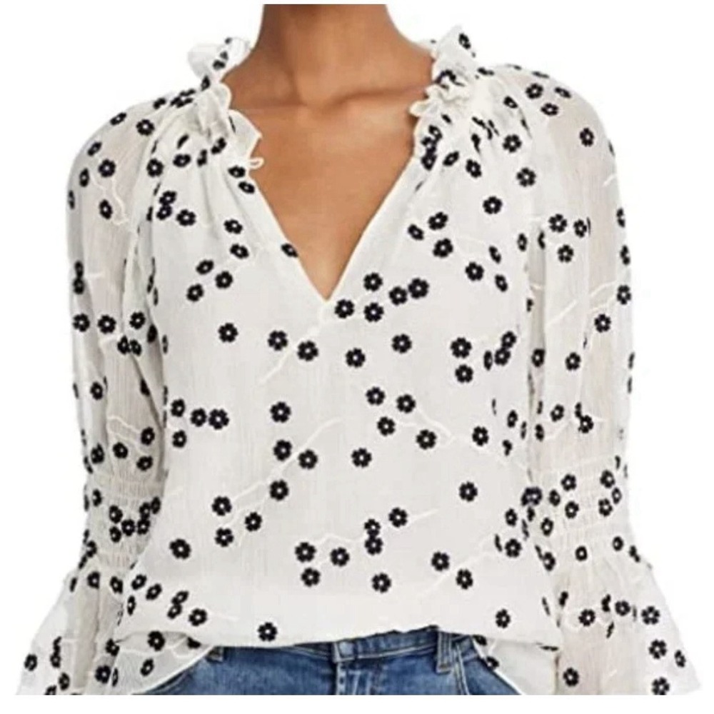 Rebecca Taylor Top Women's XS Alessandra Embroidered Cream Floral Ruffle #MN9-3